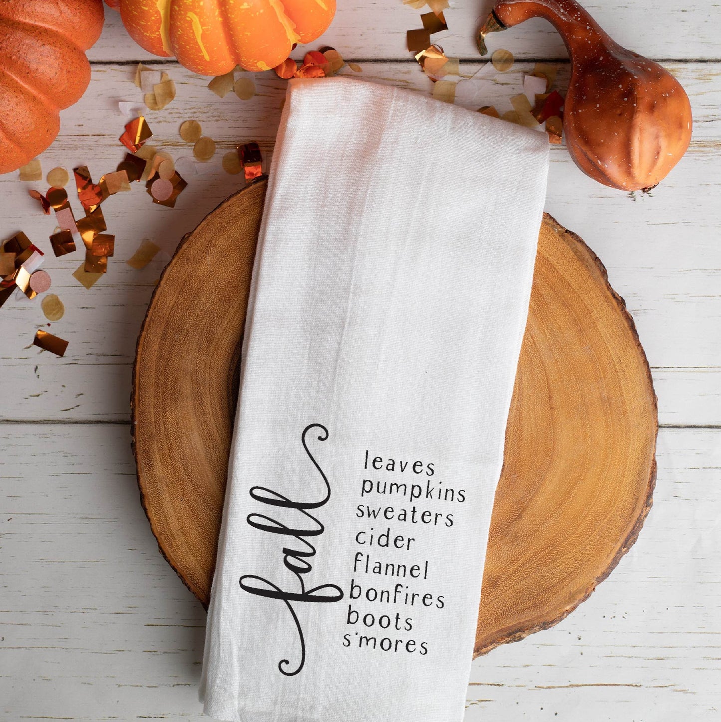 Fall Leaves, Pumpkins, Sweaters ... Tea Towel