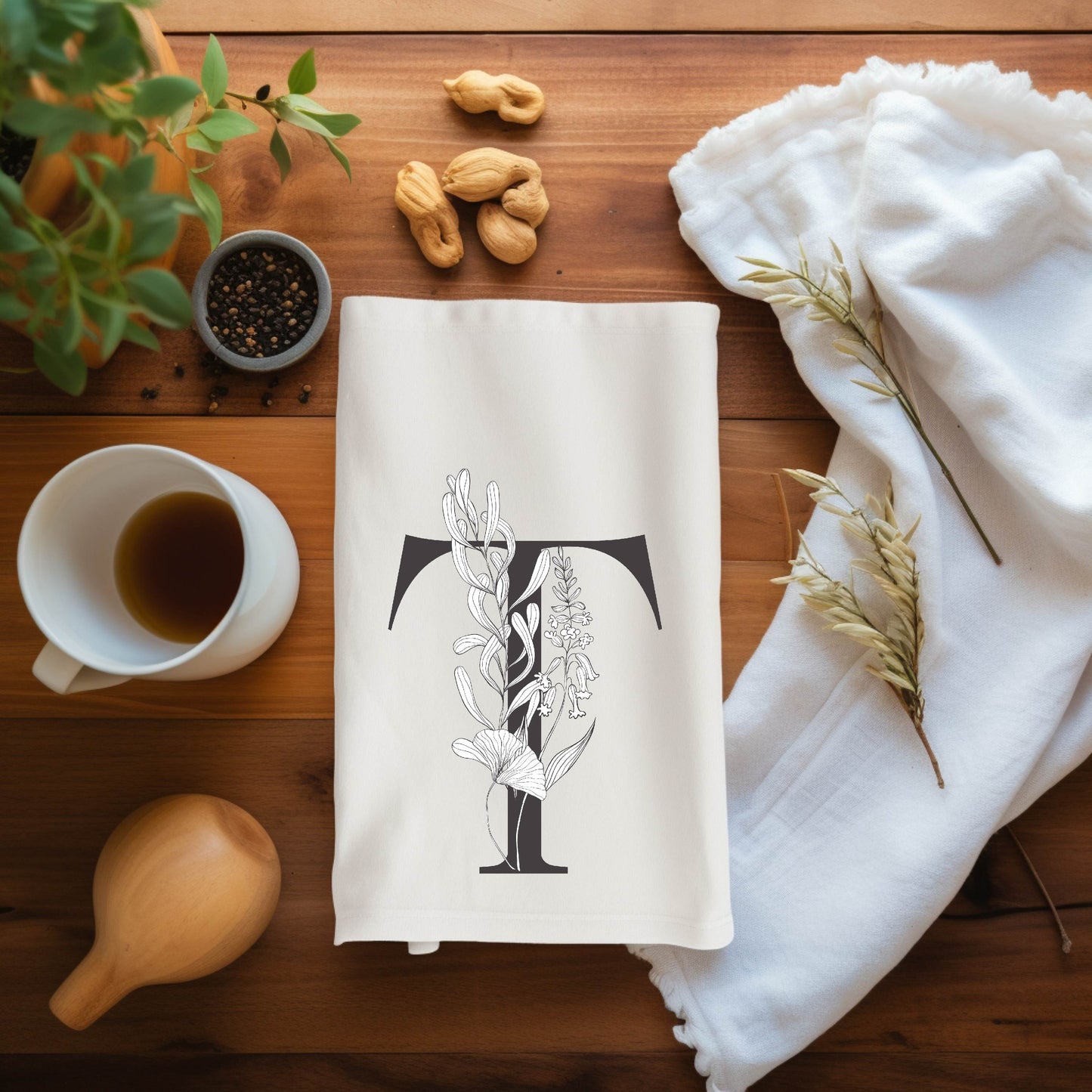 Floral Initial Tea Towel