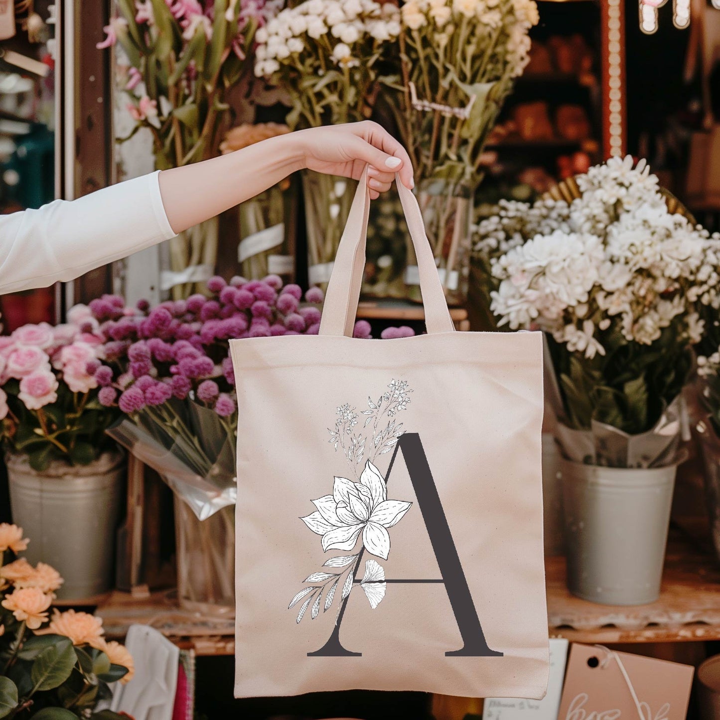 Floral Initial Tote Bag